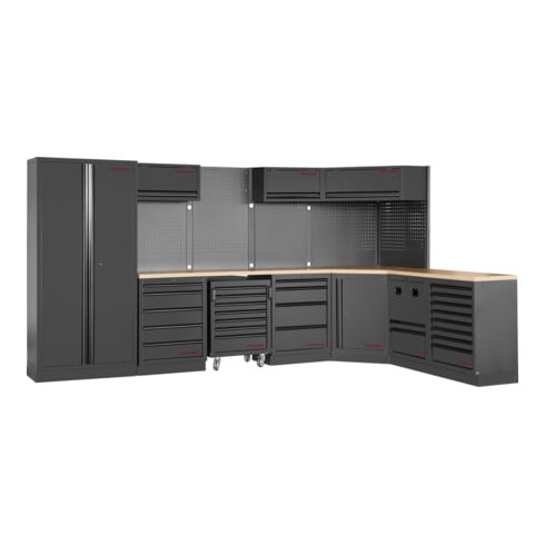 KRAFTWERK MOBILIO BLK 7er Eck-Kombi KW-3964P-BLK – Werkstatt-Komplettlösung mit Buche-Arbeitsplatte & 26 Schubladen - KW-3964P-BLK