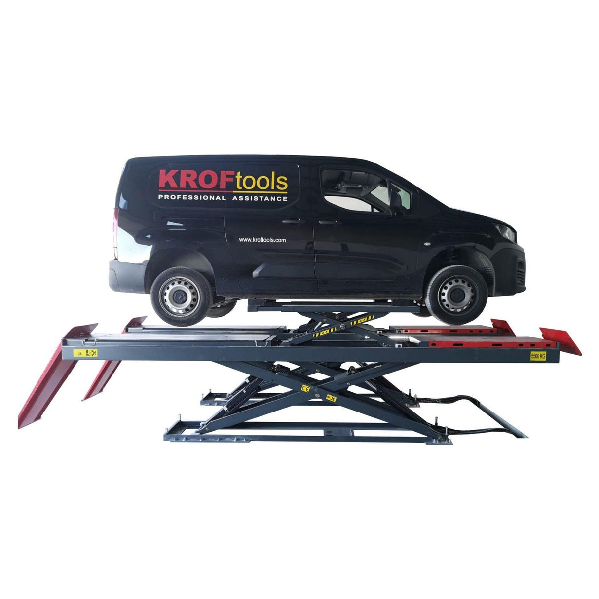 KROFtools 5.5t Profi Scherenhebebühne mit integriertem Achsfreiheber, LED Beleuchtung / Radfreiheber / 5500kg 400V Hebebühne / hydraulische Scherenhebebühne Modell 9823 - Tools.de TP Profishop GmbH