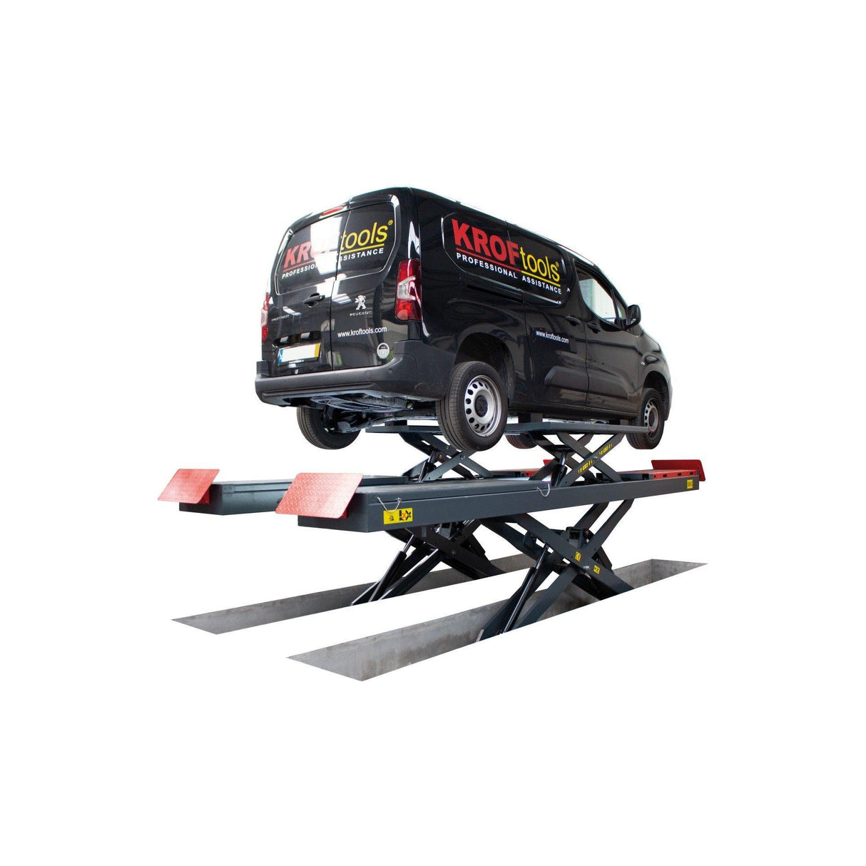 KROFtools Unterflur 5.5t Profi Scherenhebebühne mit integriertem Achsfreiheber, LED Beleuchtung / Radfreiheber / 5500kg 400V Hebebühne / hydraulische Scherenhebebühne Modell 9822 - Tools.de TP Profishop GmbH