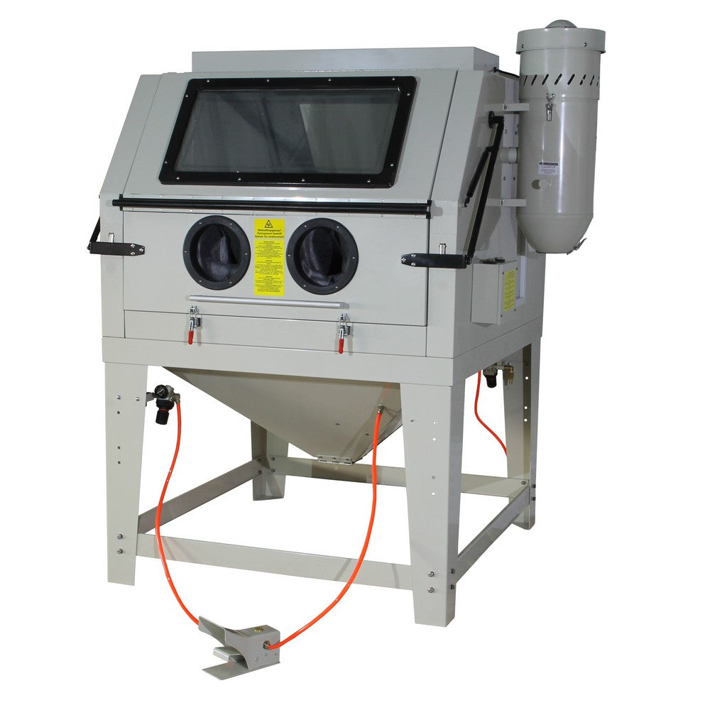 A large, light gray sandblasting cabinet with a viewing window, dual doors, and two glove ports on the front, a dust collector on the side, and a foot pedal for operation. This professional workshop equipment is available on Tools.de.