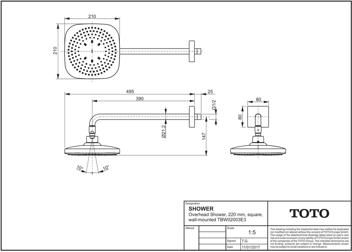 TOTO Kopfbrause eckig Comfort Wave weiß/chrom – 220 mm, 2 Strahlarten, Wandmontage