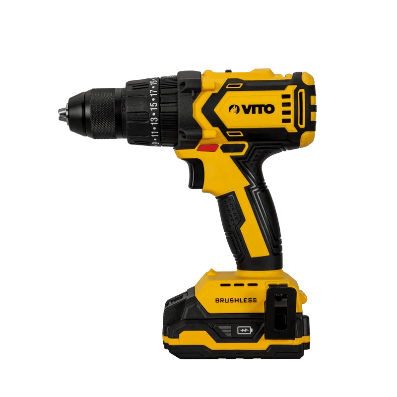 VITO Akku-Bohrschrauber mit bürstenlosem Motor 20V - 2 Geschwindigkeitsstufen, Lithium-Ionen-Akku, Schnellstoppfunktion - Pro Power - VIBBSFL20 - Tools.de TP Profishop GmbH