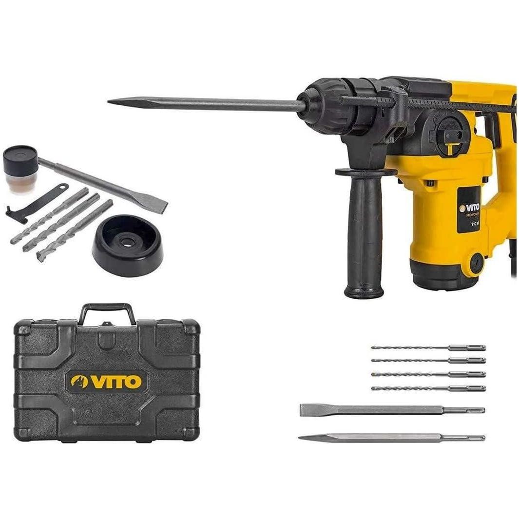 VITO Bohrhammer & Stemmhammer (VIMP710 SDS-Plus), 0-800rpm, 0-5000ipm, Sicherheitskupplung, einstellbare Meißelposition, 3.33 Kg, 710 W mit zusätzlichem Griff, Fettwanne und Staubschutz - Tools.de TP Profishop GmbH