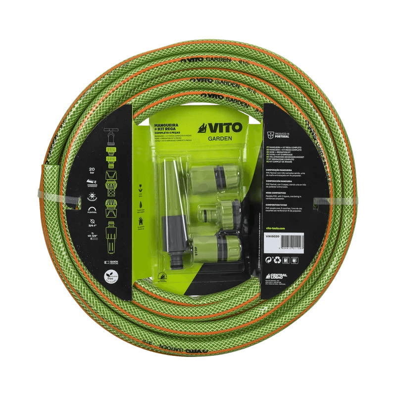 VITO Gartenschlauch-Set 20 Meter - Ø 15 mm (5/8 “) - 20 bar - Komplettes Bewässerungs-Kit mit Schlauch und Schnellkupplungszubehör - Garden - VIK6020 - Tools.de TP Profishop GmbH