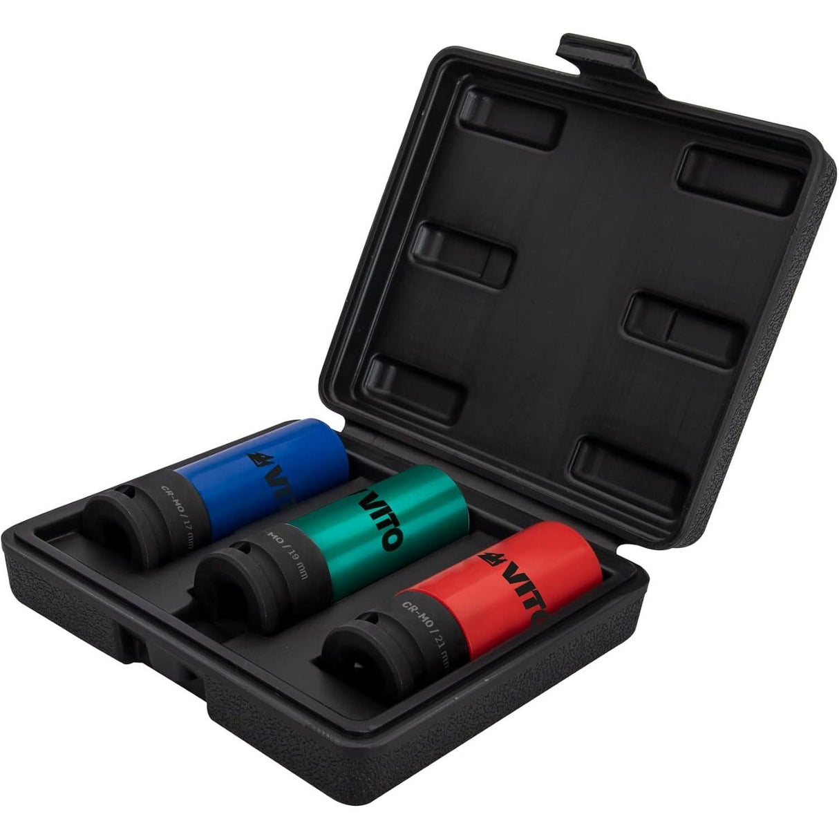VITO Kraft-Steckschlüssel-Satz 3 Teile - Cr-Mo Stahl, Kraft-Schoneinsätze 3tlg für Alu-Felgen 17mm 19mm 21mm für Schlagschrauber, Schonnüsse, Impact Socket, 0,5 Zoll, im Werkzeugkoffer - Pro Power - VICI3MO - Tools.de TP Profishop GmbH