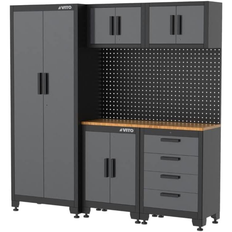 VITO Männerküche - 21-TLG Werkstatteinrichtung Set mit Schubladen ca. 473 x 50 x 200 cm, Garage Werkstatteinrichtung, Werkbank, Werkzeugschrank, Werkbank mit Holzarbeitsplatte - (VIAGCSETC) - Tools.de TP Profishop GmbH