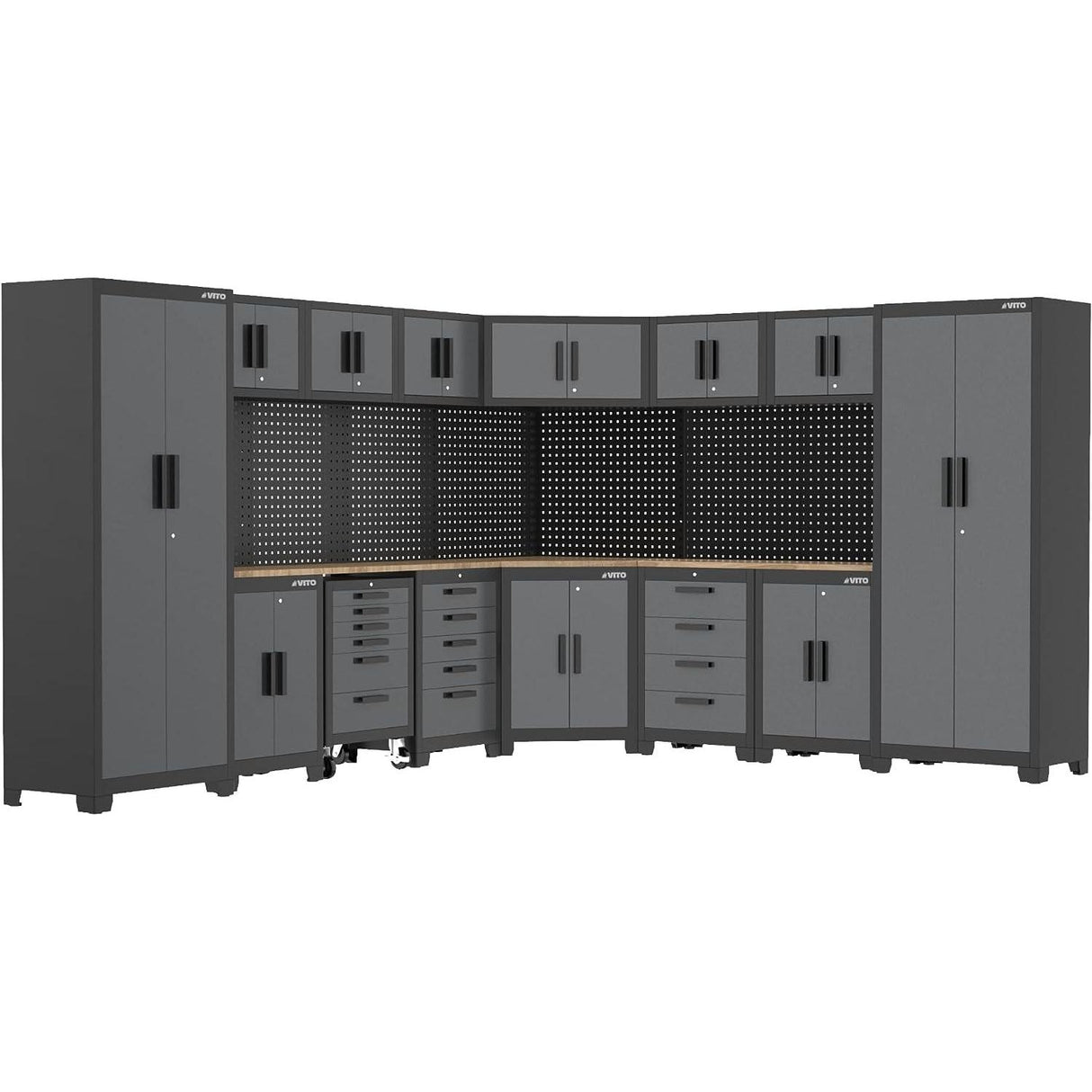 VITO Männerküche - 24-tlg Werkstatteinrichtungs Set mit Schubladen ca. 534 x 50 x 200 cm, Garage Werkstatteinrichtung, Werkbank, Werkzeugschrank, Werkbank mit Holzarbeitsplatte - (VIAGCSET2) - Tools.de TP Profishop GmbH