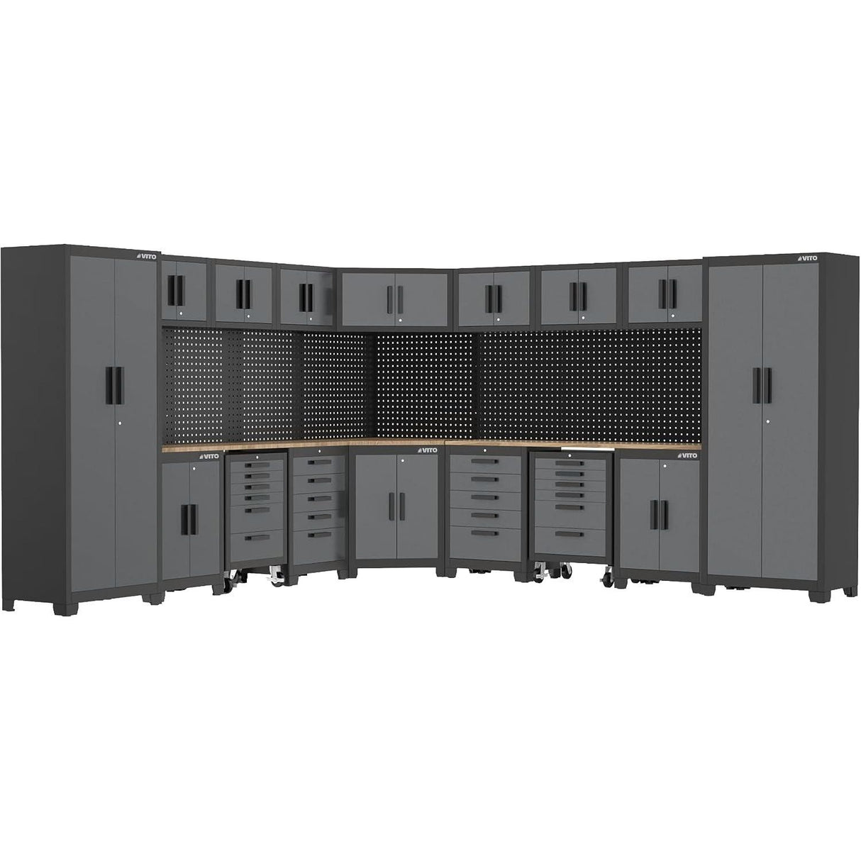 VITO Männerküche - 27-tlg Eck Werkstatteinrichtungs Set mit Schubladen ca. 677 x 50 x 200 cm, Garage Werkstatteinrichtung, Werkbank, Werkzeugschrank, Werkbank mit Holzarbeitsplatte - (VIAGC2SETC) - Tools.de TP Profishop GmbH