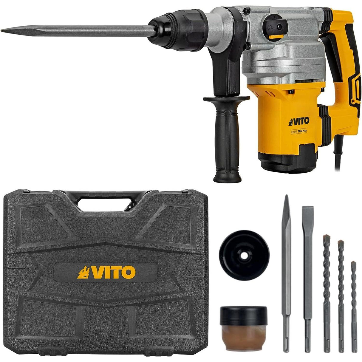 VITO SDS-Max Bohrhammer, 1050W 9Joule Abbruchhammer VIMP1050P, 0-3750 ipm 0-480U/Min, Anti-Vibration, Einstellung der Meißelposition; Sicherheits-Kupplungsvorrichtung, 26mm Bohrleistung in Beton - Tools.de TP Profishop GmbH