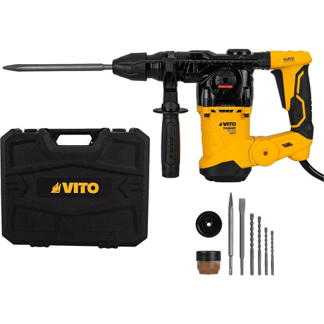 VITO ThunderPlus SDS-plus AVC Bohrhammer VIMPDP1500 1500W, 6J, Verstellung Meißelposition, variable Drehzahl, Bohr-Ø Mauerwerk 32mm, 3x SDS-plus Bohrer, Spitz- + Flachmeißel, Koffer, AntiVibration - Tools.de TP Profishop GmbH