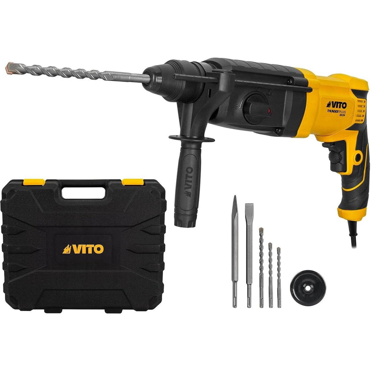 VITO ThunderPlus SDS-plus Bohrhammer VIMPDP850 850W, 3,5 Joule, Rechts-/Linkslauf, variable Drehzahl, Bohr-Ø Mauerwerk 26mm, 3x SDS-plus Bohrer, Spitz- + Flachmeißel, Koffer - Tools.de TP Profishop GmbH
