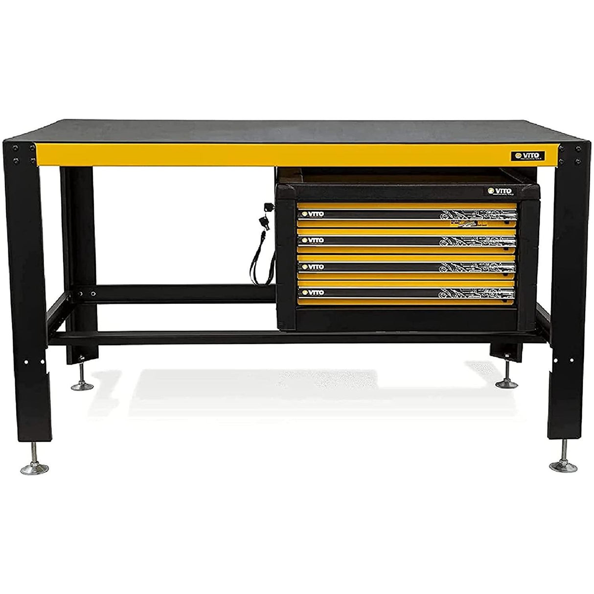 VITO Profi Stabile Werkbank mit Schubladen - bis 2000kg belastbar - Kratz- und schlagfesten Pulverbeschichtung 1500x900x780mm - Höhe einstellbar von ca. 88 bis 92 cm - Profi Werkstattausrüstung VITO - Tools.de TP Profishop GmbH
