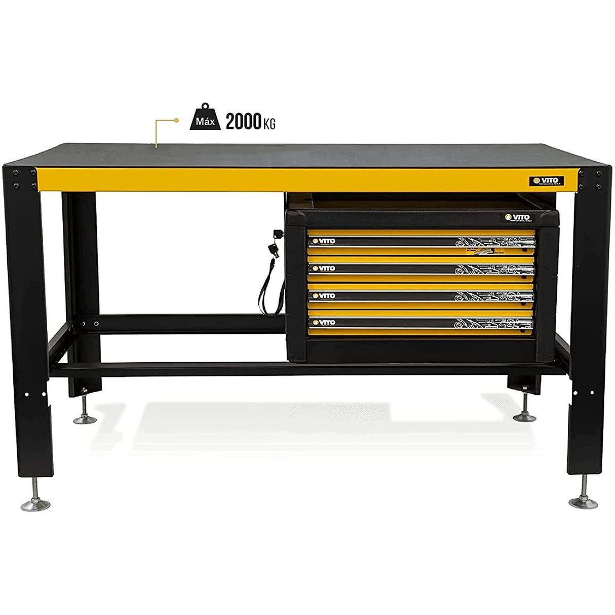 VITO Profi Stabile Werkbank mit Schubladen - bis 2000kg belastbar - Kratz- und schlagfesten Pulverbeschichtung 1500x900x780mm - Höhe einstellbar von ca. 88 bis 92 cm - Profi Werkstattausrüstung VITO - Tools.de TP Profishop GmbH