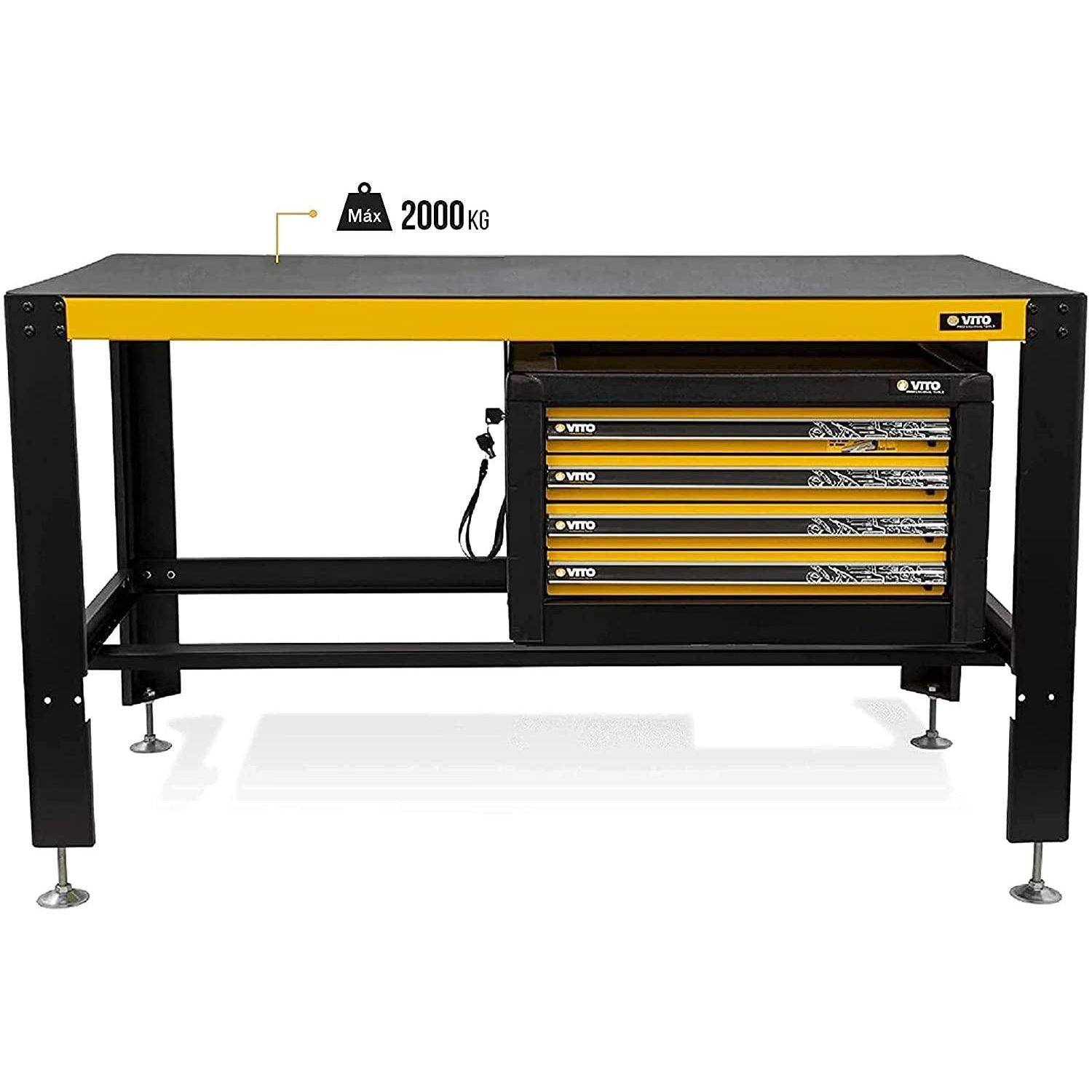 VITO Profi Stabile Werkbank mit Schubladen - bis 2000kg belastbar - Kratz- und schlagfesten Pulverbeschichtung 1500x900x780mm - Höhe einstellbar von ca. 88 bis 92 cm - Profi Werkstattausrüstung VITO - Tools.de TP Profishop GmbH