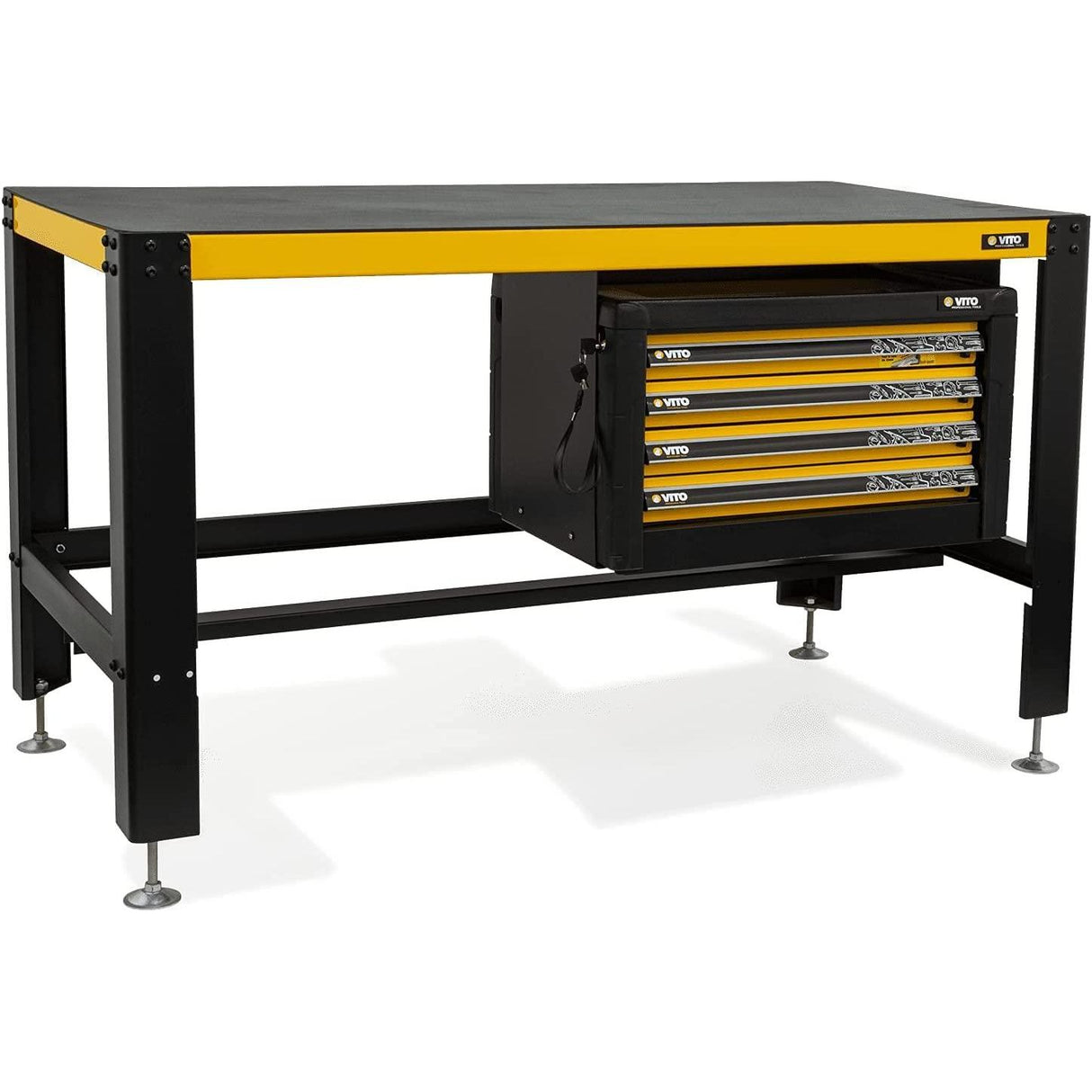 VITO Profi Stabile Werkbank mit Schubladen - bis 2000kg belastbar - Kratz- und schlagfesten Pulverbeschichtung 1500x900x780mm - Höhe einstellbar von ca. 88 bis 92 cm - Profi Werkstattausrüstung VITO - Tools.de TP Profishop GmbH