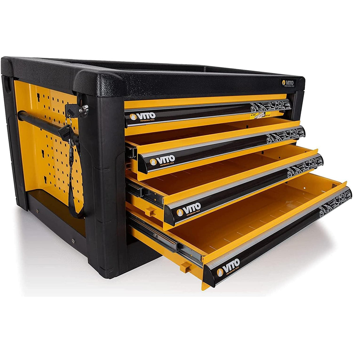 VITO Profi Stabile Werkbank mit Schubladen - bis 2000kg belastbar - Kratz- und schlagfesten Pulverbeschichtung 1500x900x780mm - Höhe einstellbar von ca. 88 bis 92 cm - Profi Werkstattausrüstung VITO - Tools.de TP Profishop GmbH