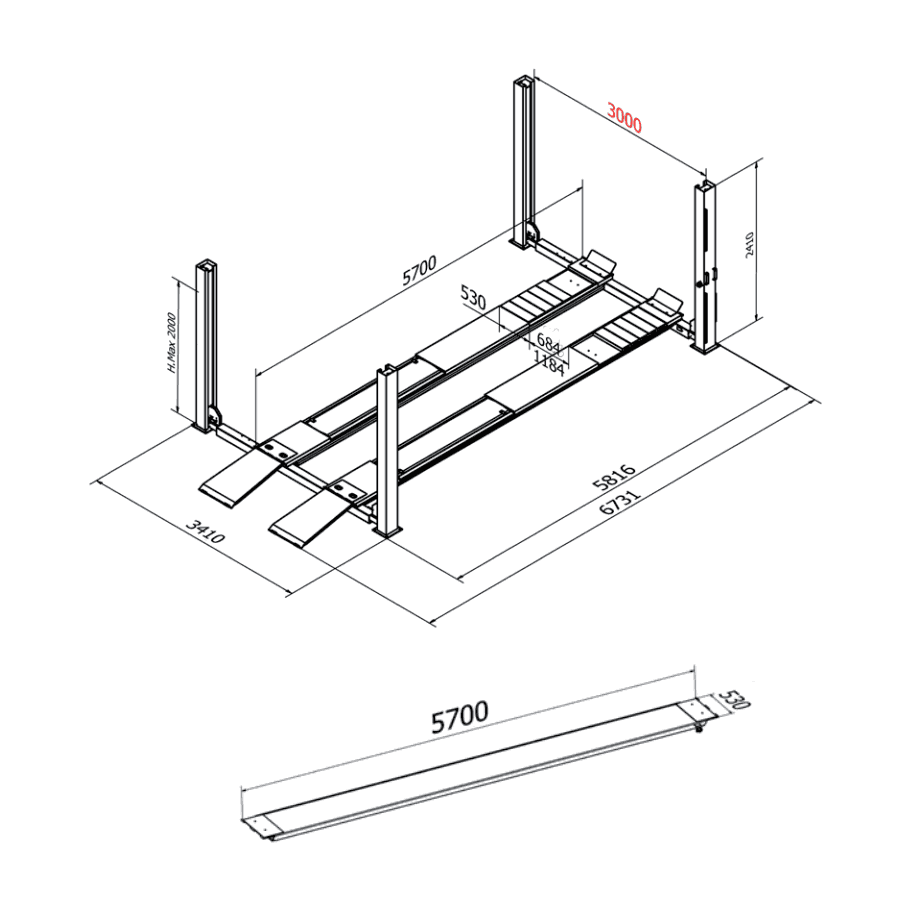 Cascos Vier Säulen Hebebühne 5000kg 5,7m flat 3m Antriebsbreite Modell 13376 - Tools.de TP Profishop GmbH