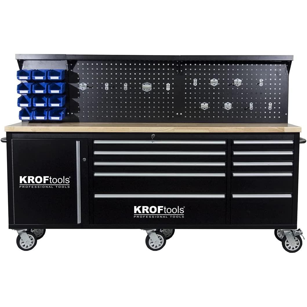 KROFtools Profi 215cm Werkbank mit Schubladen, Werkzeugwagen mit 6 Rollen, fahrbare Werkbank, Massivholzplatte inkl. Rückwand, Haken & Ablagefächer - Tools.de TP Profishop GmbH