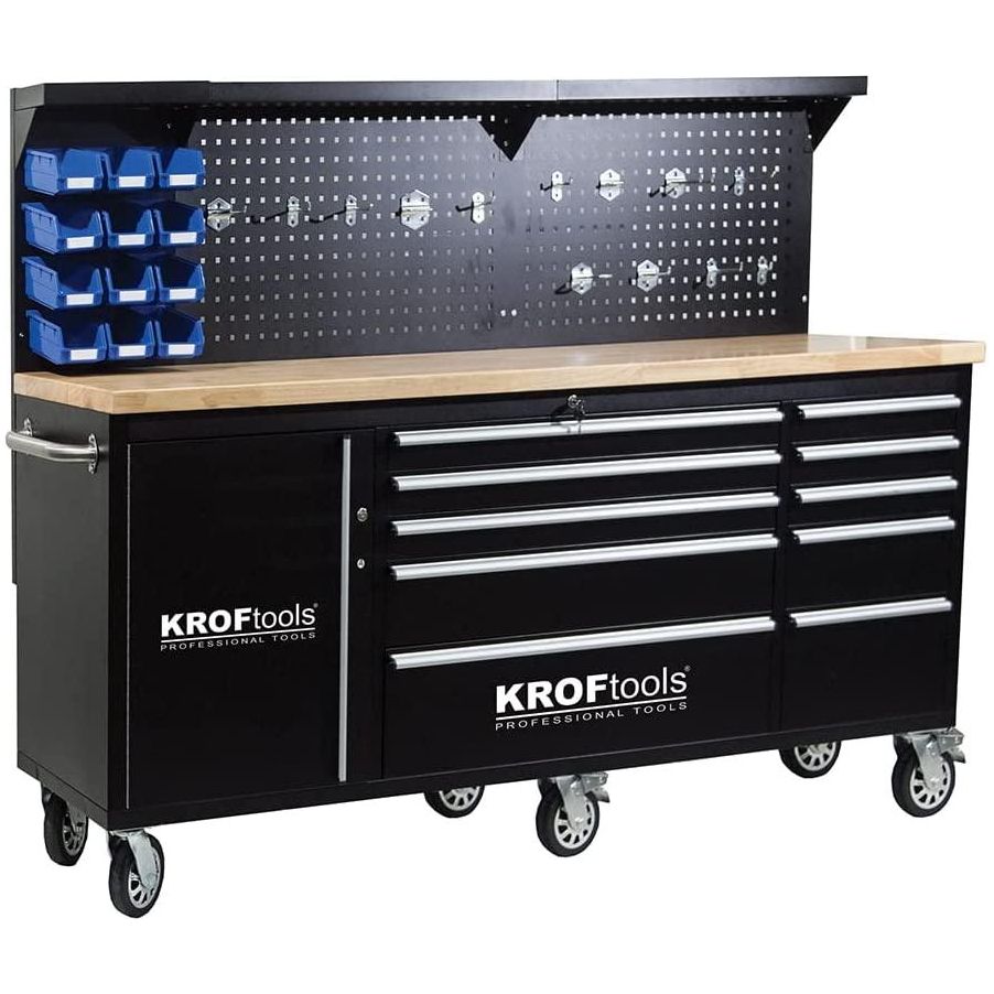 KROFtools Profi 215cm Werkbank mit Schubladen, Werkzeugwagen mit 6 Rollen, fahrbare Werkbank, Massivholzplatte inkl. Rückwand, Haken & Ablagefächer - Tools.de TP Profishop GmbH