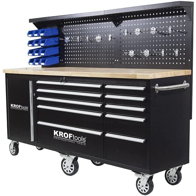 KROFtools Profi 215cm Werkbank mit Schubladen, Werkzeugwagen mit 6 Rollen, fahrbare Werkbank, Massivholzplatte inkl. Rückwand, Haken & Ablagefächer - Tools.de TP Profishop GmbH