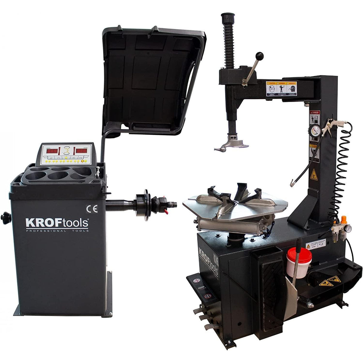 KROFtools Reifenmontiergerät Set, Reifenwechsel-KIT, halbautomatische Reifenmontiermaschine Set mit festem Arm, 220V, Abdrückkraft: 2700kg + halbautomatische Radauswuchtmaschine 10"-24" - Tools.de TP Profishop GmbH