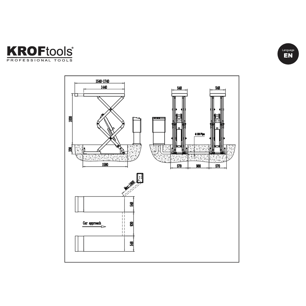 KROFtools Unterflur Scherenhebebühne 3.5 Tonnen Modell 9810 - Elektro Hydraulische Scherenhebebühne - Tools.de TP Profishop GmbH