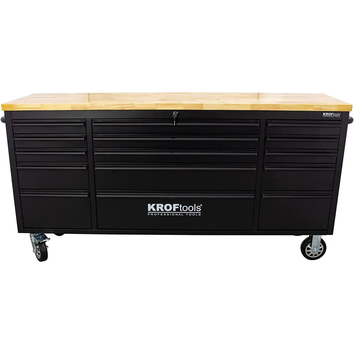 KrofTools Werkbank mit Schubladen 183 cm Werkzeugwagen, fahrbare Werkbank mit 35mm Massivholzplatte, Werkbank mit Rollen und Schubladen, schwarz, Werkbank Werkstatt Black Series - Tools.de TP Profishop GmbH
