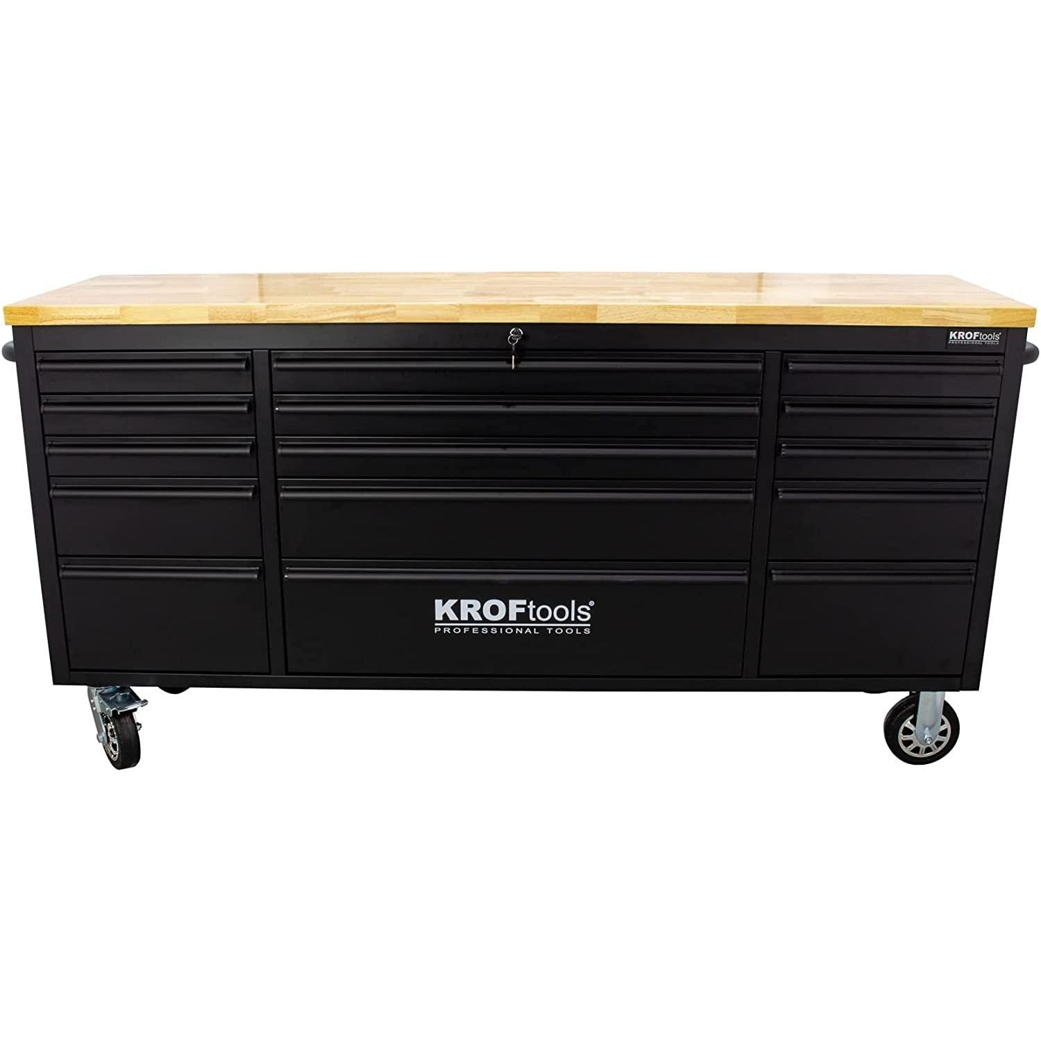 KrofTools Werkbank mit Schubladen 183 cm Werkzeugwagen, fahrbare Werkbank mit 35mm Massivholzplatte, Werkbank mit Rollen und Schubladen, schwarz, Werkbank Werkstatt Black Series - Tools.de TP Profishop GmbH