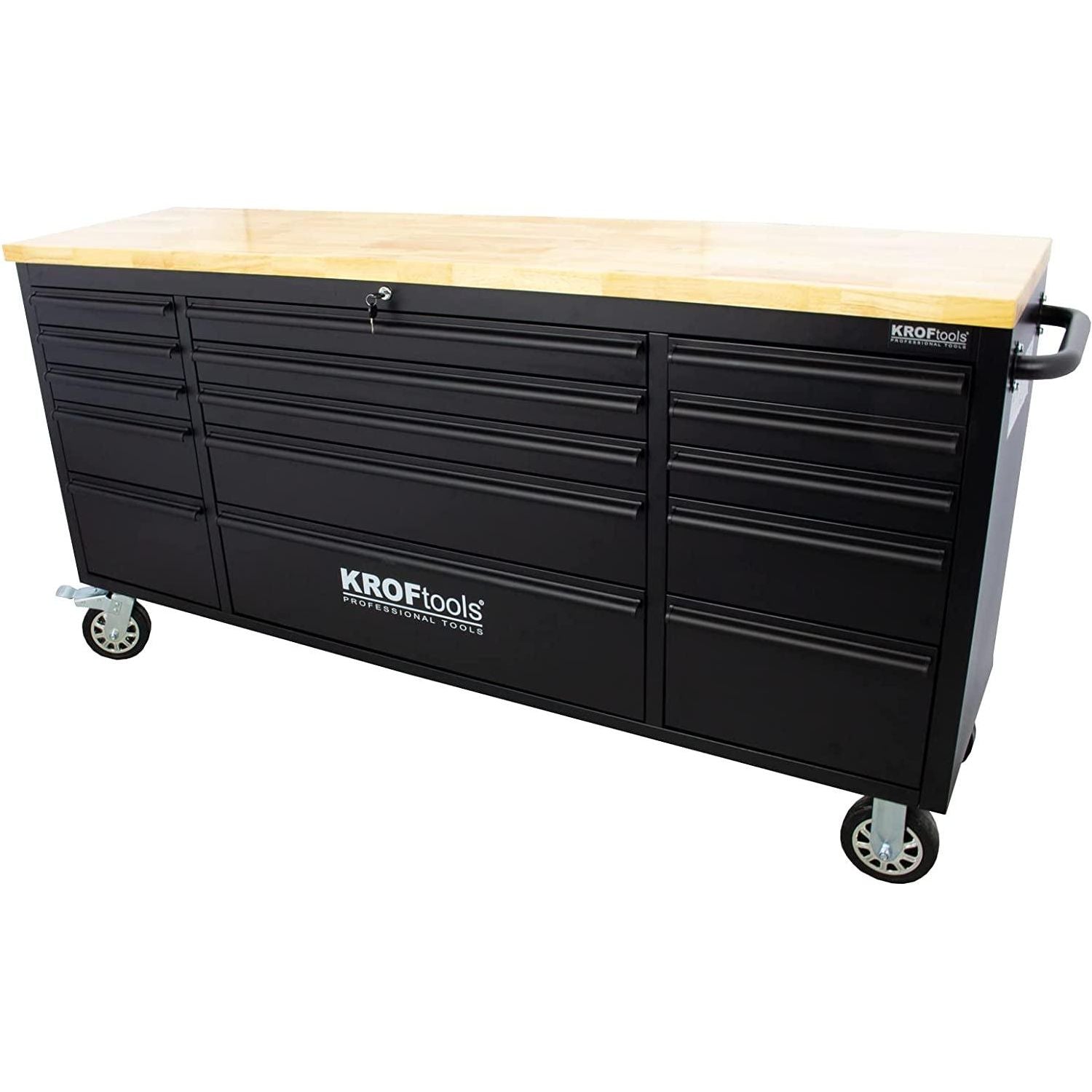 KrofTools Werkbank mit Schubladen 183 cm Werkzeugwagen, fahrbare Werkbank mit 35mm Massivholzplatte, Werkbank mit Rollen und Schubladen, schwarz, Werkbank Werkstatt Black Series - Tools.de TP Profishop GmbH