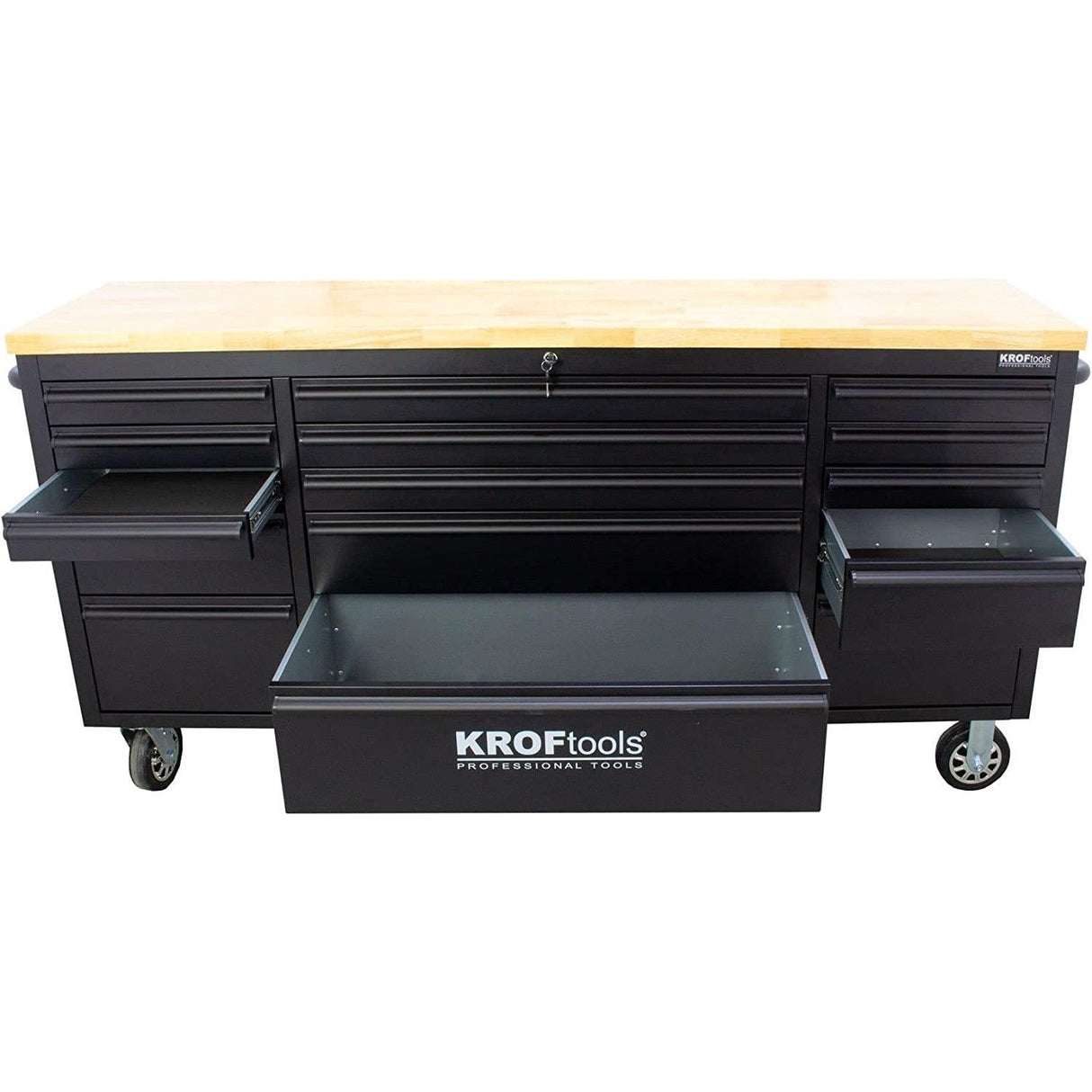 KrofTools Werkbank mit Schubladen 183 cm Werkzeugwagen, fahrbare Werkbank mit 35mm Massivholzplatte, Werkbank mit Rollen und Schubladen, schwarz, Werkbank Werkstatt Black Series - Tools.de TP Profishop GmbH