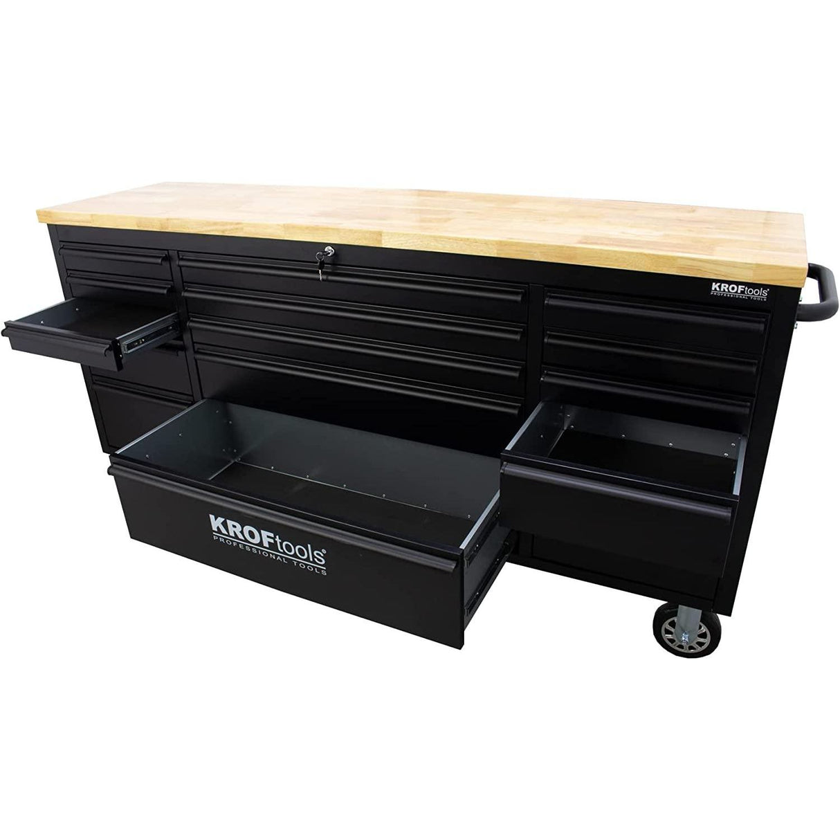 KrofTools Werkbank mit Schubladen 183 cm Werkzeugwagen, fahrbare Werkbank mit 35mm Massivholzplatte, Werkbank mit Rollen und Schubladen, schwarz, Werkbank Werkstatt Black Series - Tools.de TP Profishop GmbH