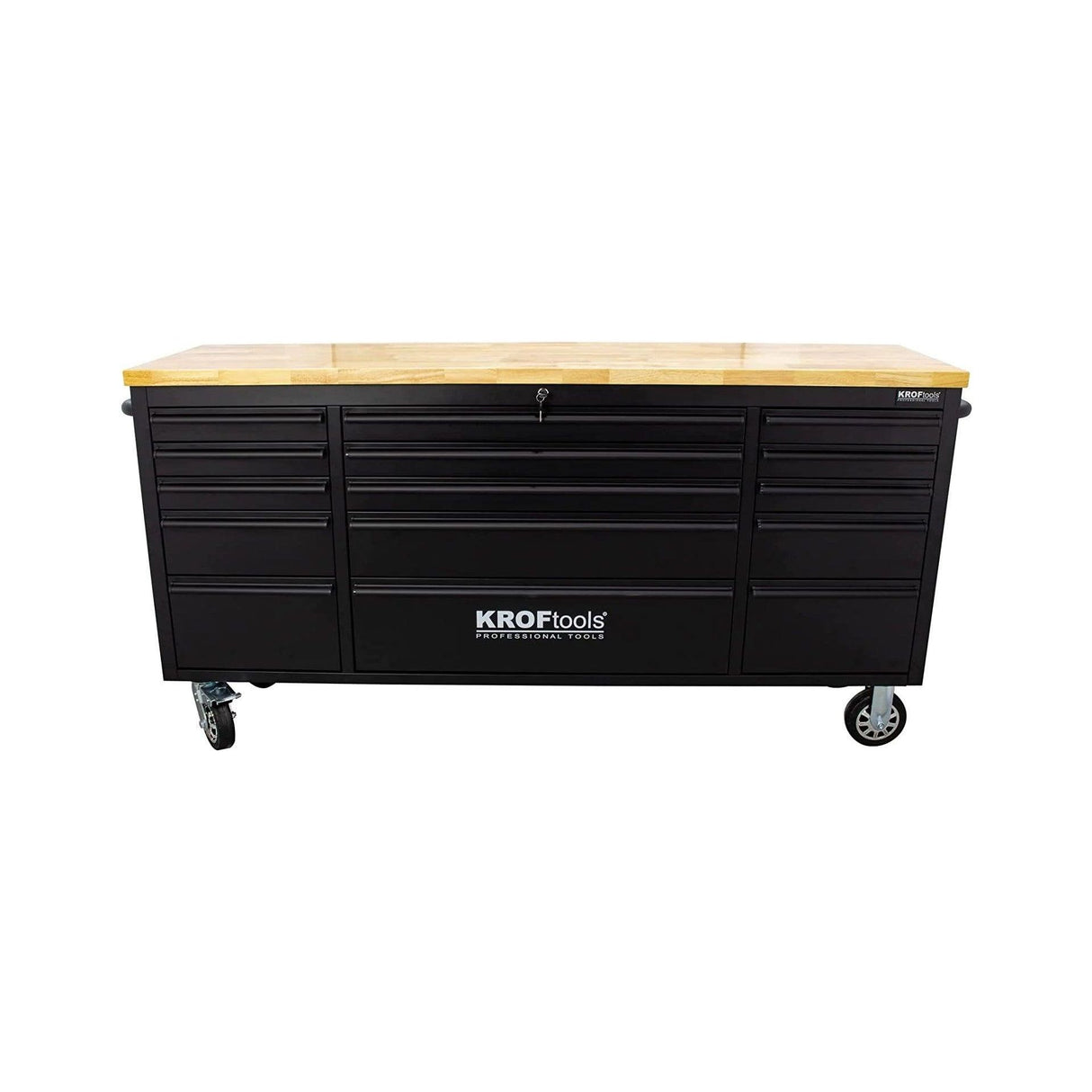 KrofTools Werkbank mit Schubladen 183 cm Werkzeugwagen, fahrbare Werkbank mit 35mm Massivholzplatte, Werkbank mit Rollen und Schubladen, schwarz, Werkbank Werkstatt Black Series - Tools.de TP Profishop GmbH