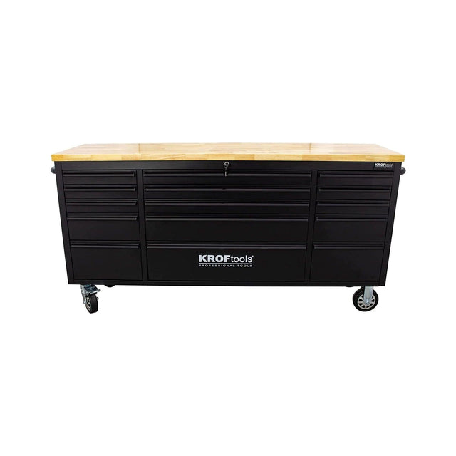 KrofTools Werkbank mit Schubladen 183 cm Werkzeugwagen, fahrbare Werkbank mit 35mm Massivholzplatte, Werkbank mit Rollen und Schubladen, schwarz, Werkbank Werkstatt Black Series - Tools.de TP Profishop GmbH