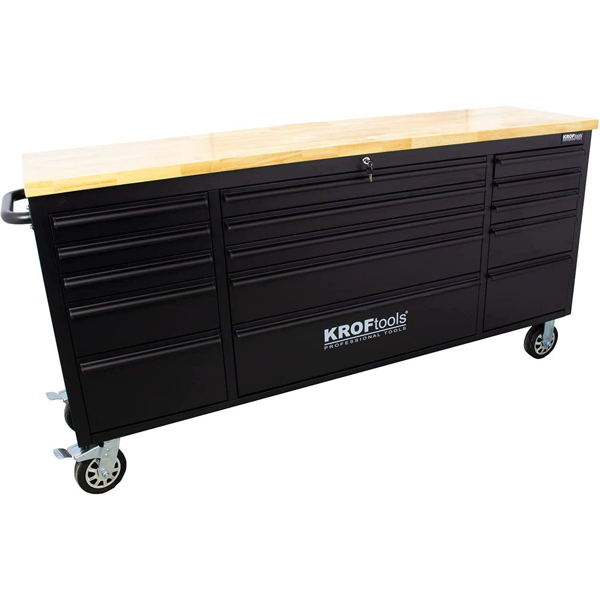 KrofTools Werkbank mit Schubladen 183 cm Werkzeugwagen, fahrbare Werkbank mit 35mm Massivholzplatte, Werkbank mit Rollen und Schubladen, schwarz, Werkbank Werkstatt Black Series - Tools.de TP Profishop GmbH