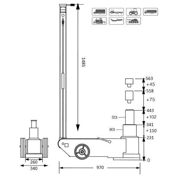 MAMMUTH 80T-50T LKW Wagenheber Hydraulisch - Lufthydraulisch Teleskop Rangierwagenheber 80T - 50T FJ80AHT - Tools.de TP Profishop GmbH