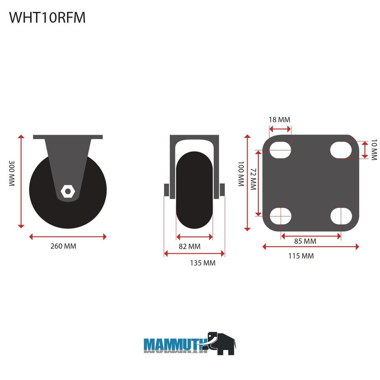 MAMMUTH Bockrolle 110kg 260 x 82mm Massiv Gummi Ersatzrad Ersatzrolle Rolle WHT10RFM - Tools.de TP Profishop GmbH