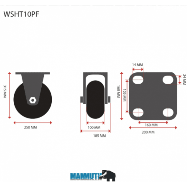 MAMMUTH Bockrolle 1800kg 250 x 100mm / PU Rolle / Festes Rad WSHT10PF - Tools.de TP Profishop GmbH