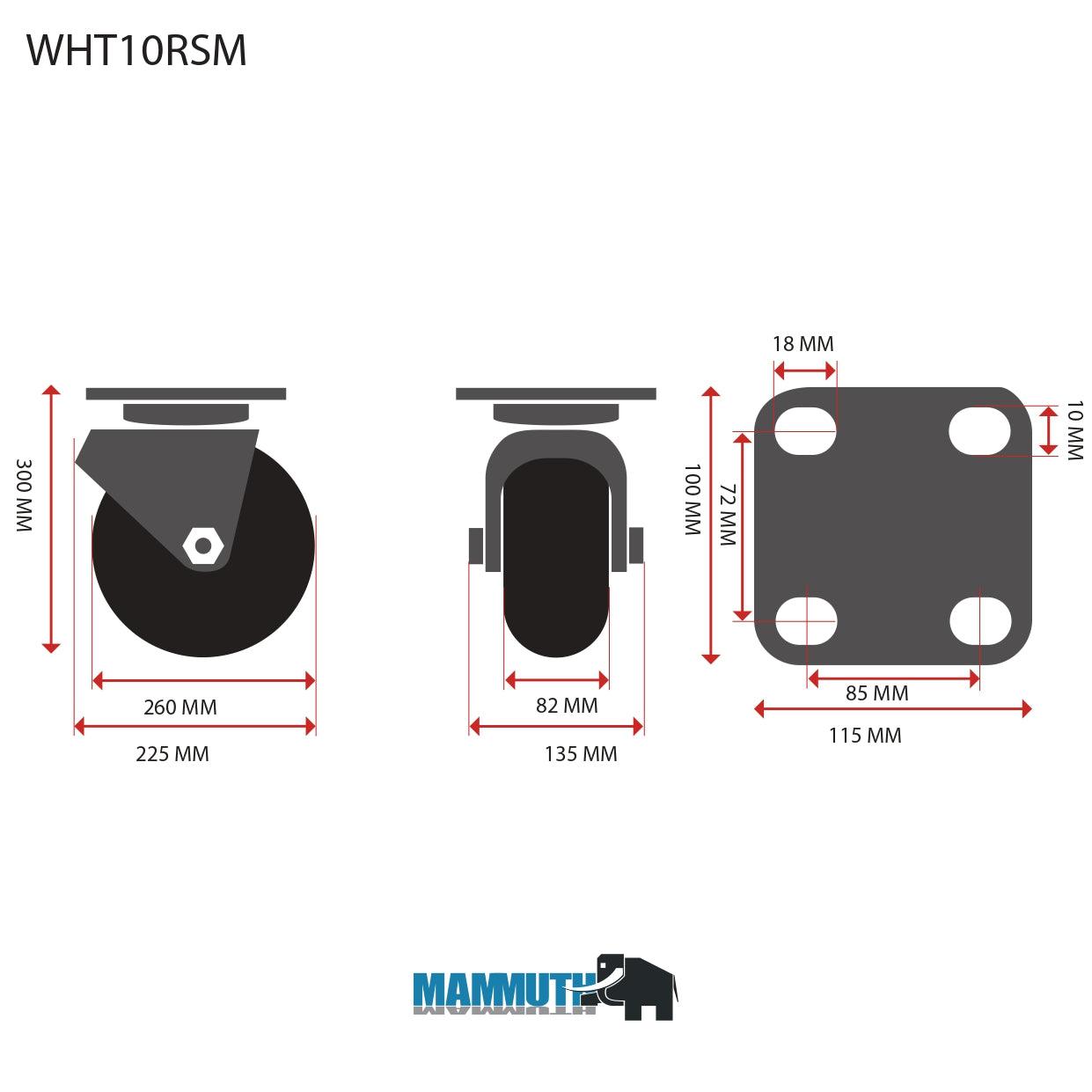 MAMMUTH Lenkrolle 110kg 260 x 82mm Massiv Gummi Ersatzrad Ersatzrolle Rolle WHT10RSM - Tools.de TP Profishop GmbH