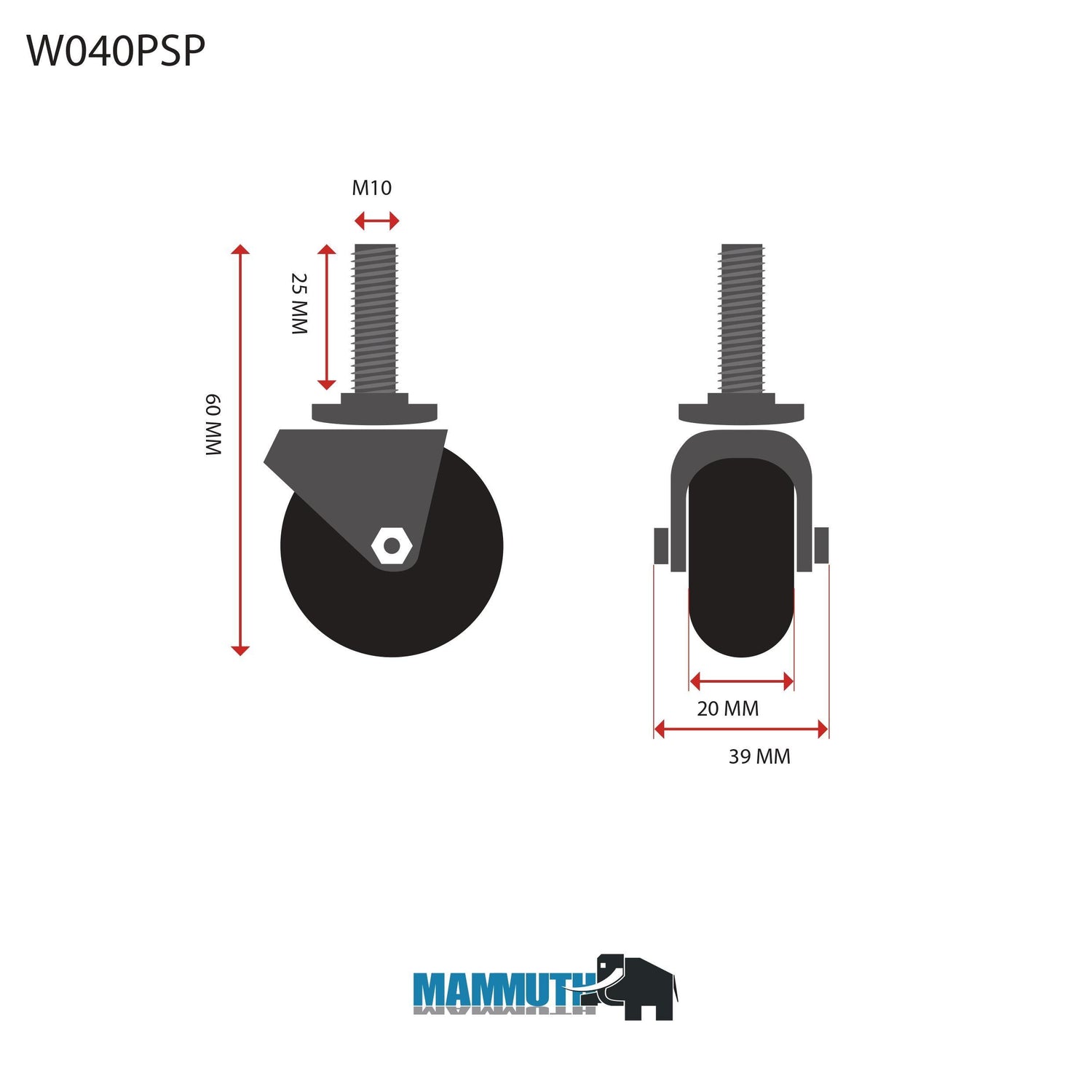 MAMMUTH Lenkrolle 30kg 40 x 20mm PU Gewindestange Ersatzrad Ersatzrolle W040PSP - Tools.de TP Profishop GmbH