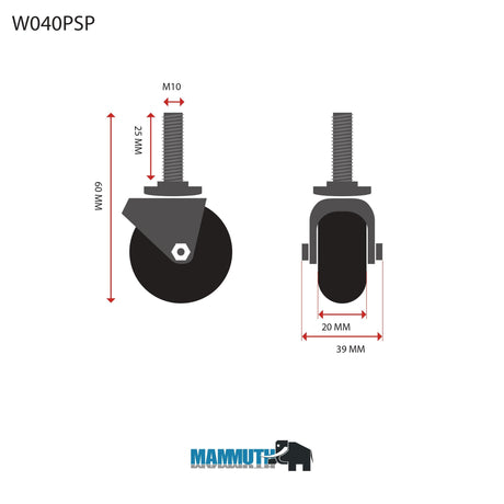 MAMMUTH Lenkrolle 30kg 40 x 20mm PU Gewindestange Ersatzrad Ersatzrolle W040PSP - Tools.de TP Profishop GmbH