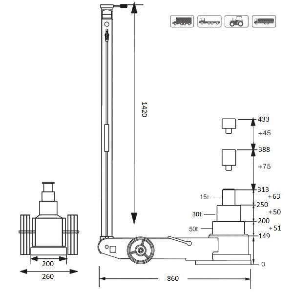MAMMUTH LKW Wagenheber Lufthydraulisch Kapazität: 50T / 30T / 15T (mehrere Stufen) Pneumatikantrieb FJ50AHT - Tools.de TP Profishop GmbH