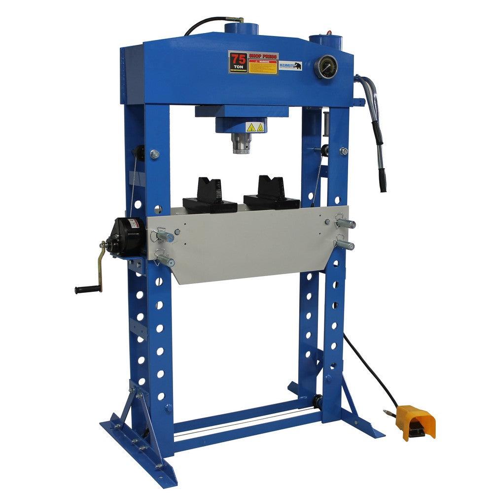 MAMMUTH Werkstattpresse 75 Tonnen Druckluft - 75t Industriepresse, manuell und pneumatisch, blau, Rahmen geschweißt SP75HAL - Tools.de TP Profishop GmbH