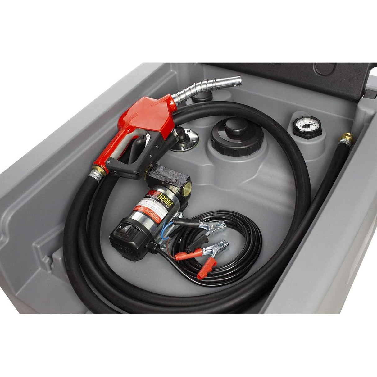 Mobile Tankstelle Diesel 210l, Transporttank 210 Liter - Dieseltank - Mobile Tankanlage, Tankstelle Tankanlage Diesel mit 12V Pumpe (Kabel 4m) und Zapfpistole mit 4m Schlauch - Tools.de TP Profishop GmbH