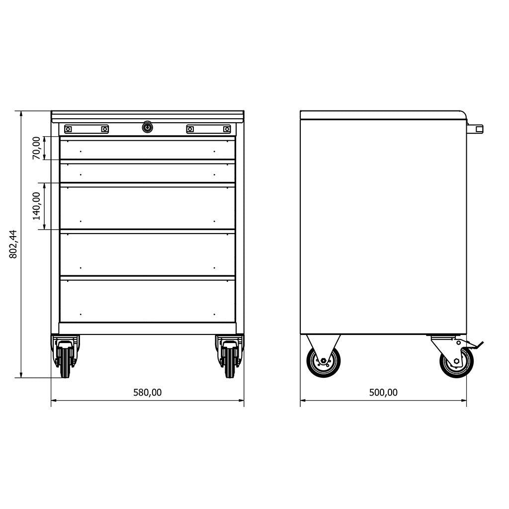 TOOLBOX4YOU Unterschrank mobil 5 Schubladen Expert BG58SC5 - Vormontiert, Freistehend, 1,2mm dickes Blech - Tools.de TP Profishop GmbH