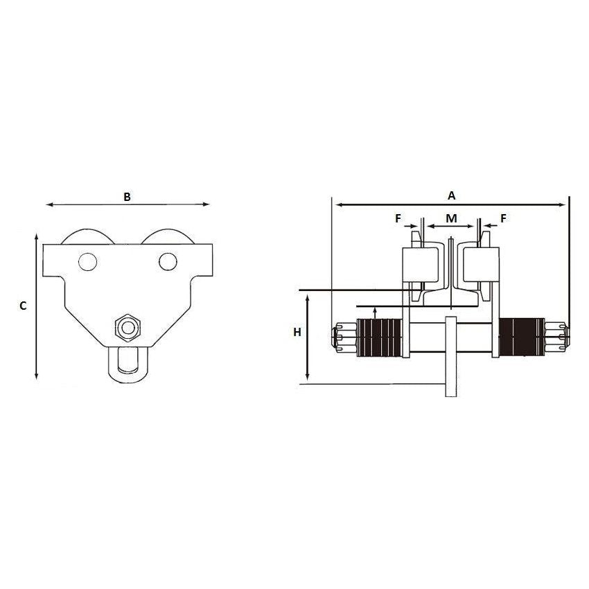 TORSO Laufkatze 1 Tonne PT10 Rollfahrwerk mit Anschlagwinkeln 1t Handfahrwerk Unterflansch - Tools.de TP Profishop GmbH