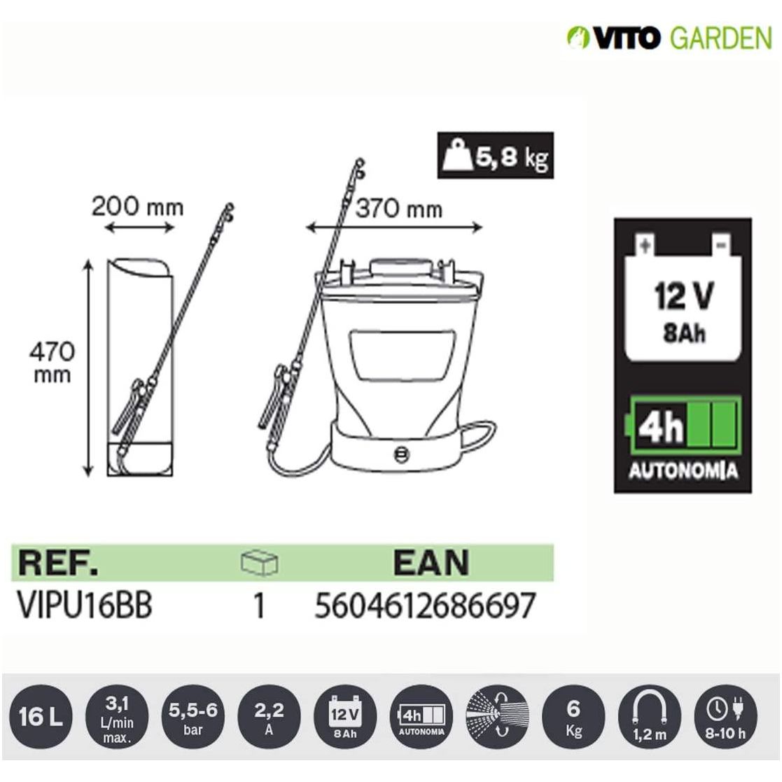 VITO 16 Liter Akku Drucksprüher Rückenspritze 12V Blei-Akku 110cm Teleskop Düngung Unkraut Schädlingsbekämpfung 16L Tank - Tools.de TP Profishop GmbH