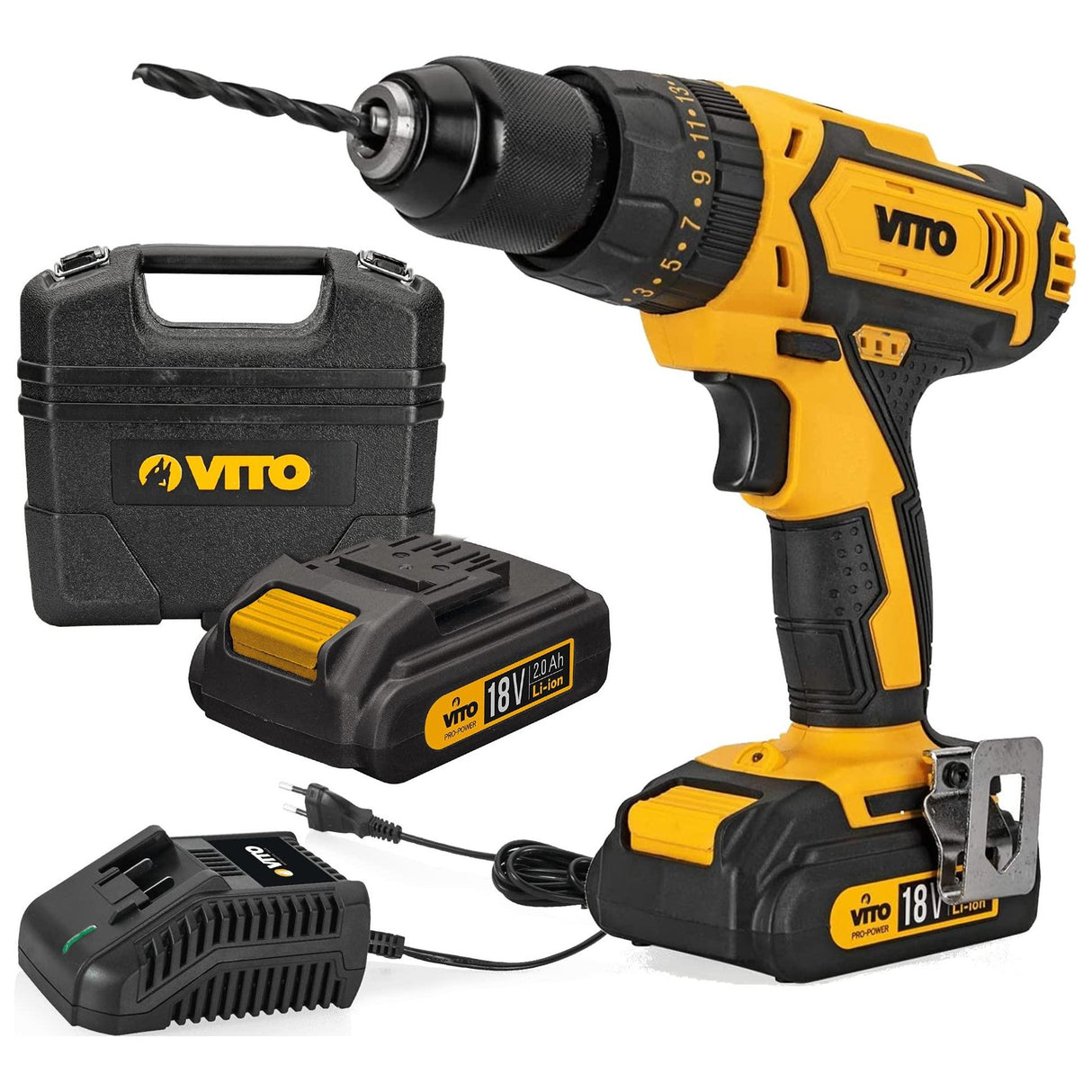 VITO 18V Akku- Schlagbohrschrauber mit 2 Ah Akkus, 2-Gang Getriebe,13mm Schnellspann-Bohrfutter Akkubohrschrauber, Akkuschrauber Set, Schlagbohrschrauber, Bit-Satz, Koffer, Schnellladegerät - Tools.de TP Profishop GmbH
