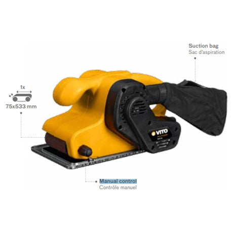 VITO Bandschleifmaschine 900 W mit Absaugbeutel und Manuelle Steuerung Farbe: gelb, Abmessungen: 330x180mm, Produktgewicht: 4,1 kg, 2500 r.p.m - (VILR800) - Tools.de TP Profishop GmbH
