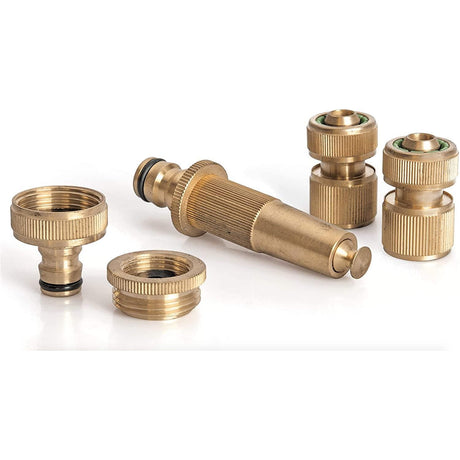 VITO Garden - hochwertiges Messing-Stecksystem 1/2" (13mm) - 5/8" (15mm), 5-teilig - Hahnanschlussstück, Adapter + Schlauchstück + Schlauchstück + verstellbare Gartenspritze - Tools.de TP Profishop GmbH
