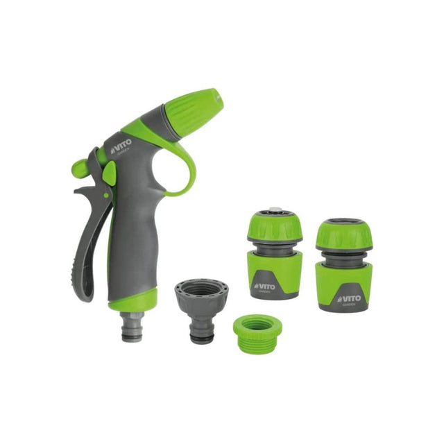 VITO Gartenspritze Set mit Gummigriff und Schnellkupplung | Gartenbrause | Gartenspritze mit Schlauchstück, Wasserstopp, Hahnanschlussstück und Adapter | AquaStop | Abmessungen: 5/8" - 15 mm - Tools.de TP Profishop GmbH